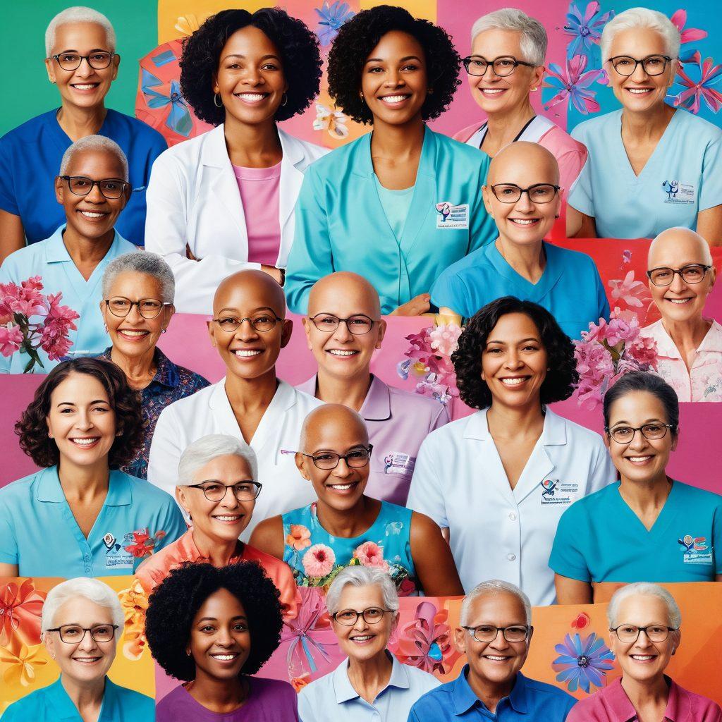 A vibrant collage showcasing a diverse group of cancer survivors smiling and celebrating life, intertwined with symbols of hope such as ribbons and flowers, alongside modern oncology advancements like medical equipment and therapy sessions. The background should have a warm, uplifting glow to evoke inspiration and resilience. super-realistic. vibrant colors. soft focus.