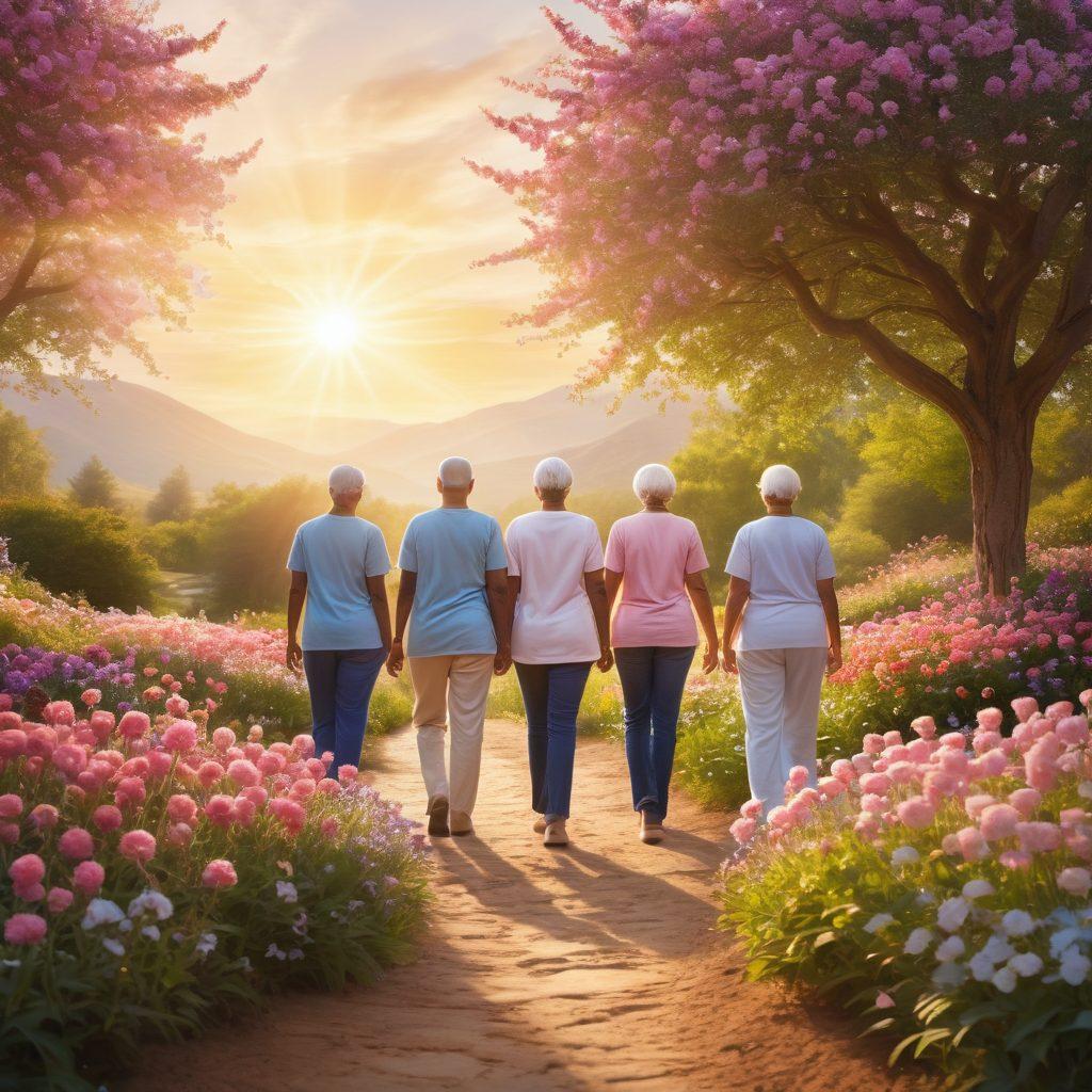 A serene landscape symbolizing hope, featuring a diverse group of cancer survivors standing together with determined expressions, surrounded by blooming flowers representing resilience and support, with a bright sun rising in the background illuminating a winding path. soft focus. vibrant colors. super-realistic.