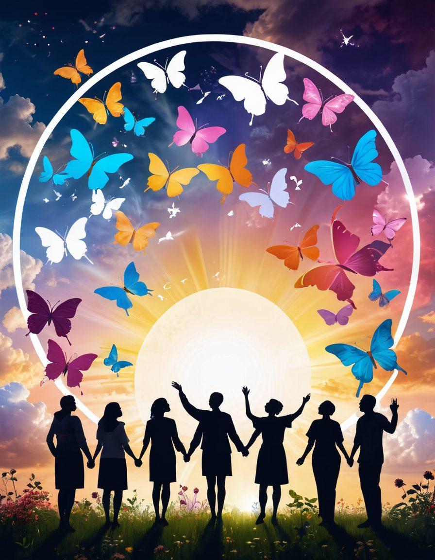 A dynamic scene illustrating a diverse group of cancer survivors sharing their inspiring stories in a supportive circle, surrounded by symbols of healing like butterflies and blooming flowers. The background depicts a vibrant sky transitioning from dark clouds to bright sunlight, symbolizing hope and resilience. Elements of innovative technology in cancer therapy, like digital screens showing hope-filled statistics, are subtly integrated. super-realistic. vibrant colors. uplifting atmosphere.